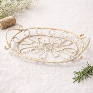 Vintage Metal Wire Tray Oval Farmhouse Cottagecore Floral Scroll Decor Organizer